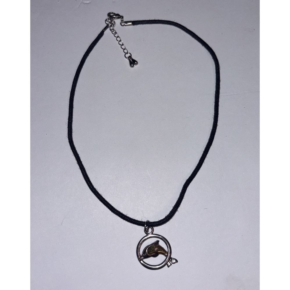 Black Cord Necklace with Silver Toned Dolphin Pendant
